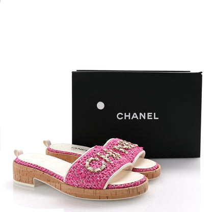 Chanel Tweed Cork Mule Sandal 39  Pink White 10 of 10