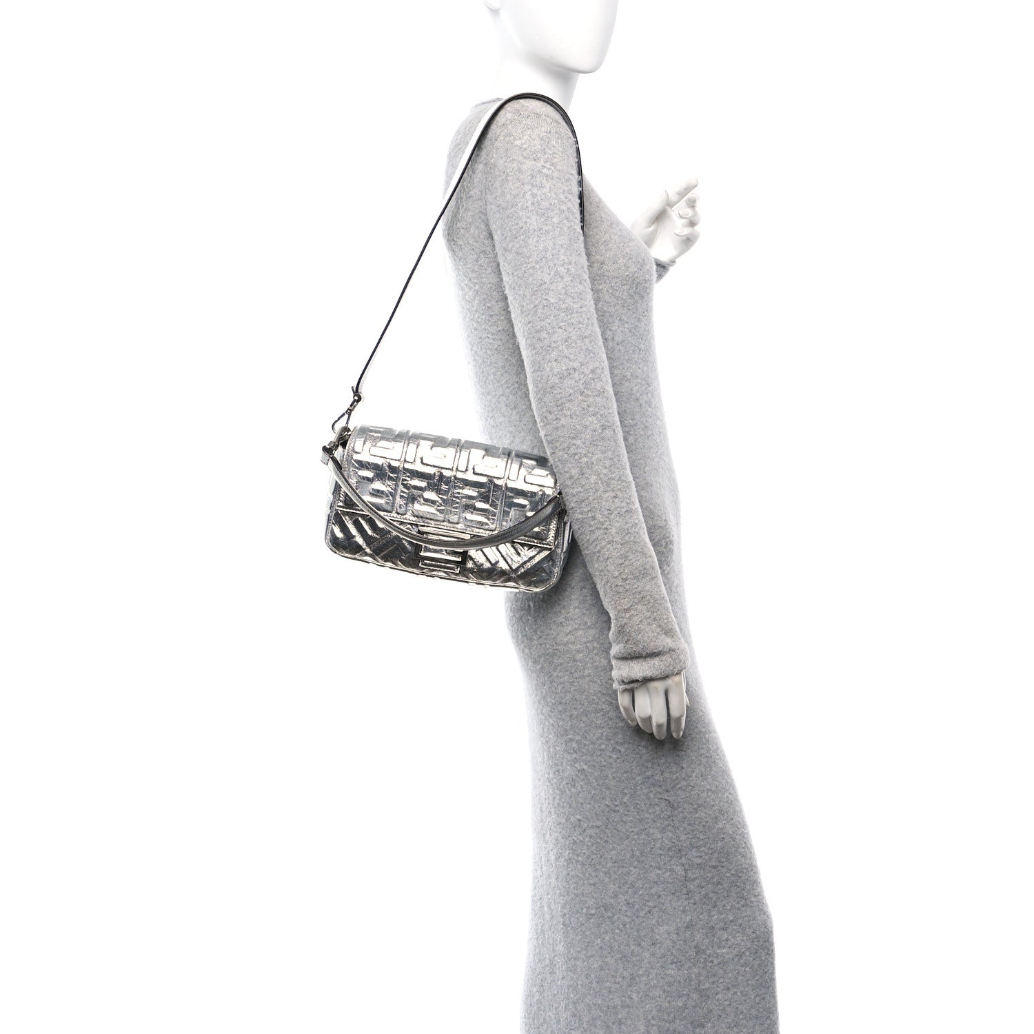 Fendi Vitello Catalan Mirror FF 1974 Embossed Baguette Argento 2 of 9