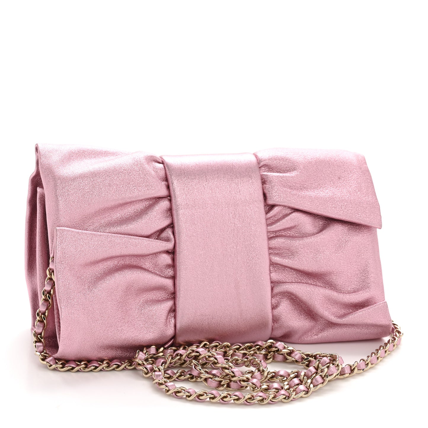 Metallic Lambskin Tie My Bow Flap Clutch With Chain Pink