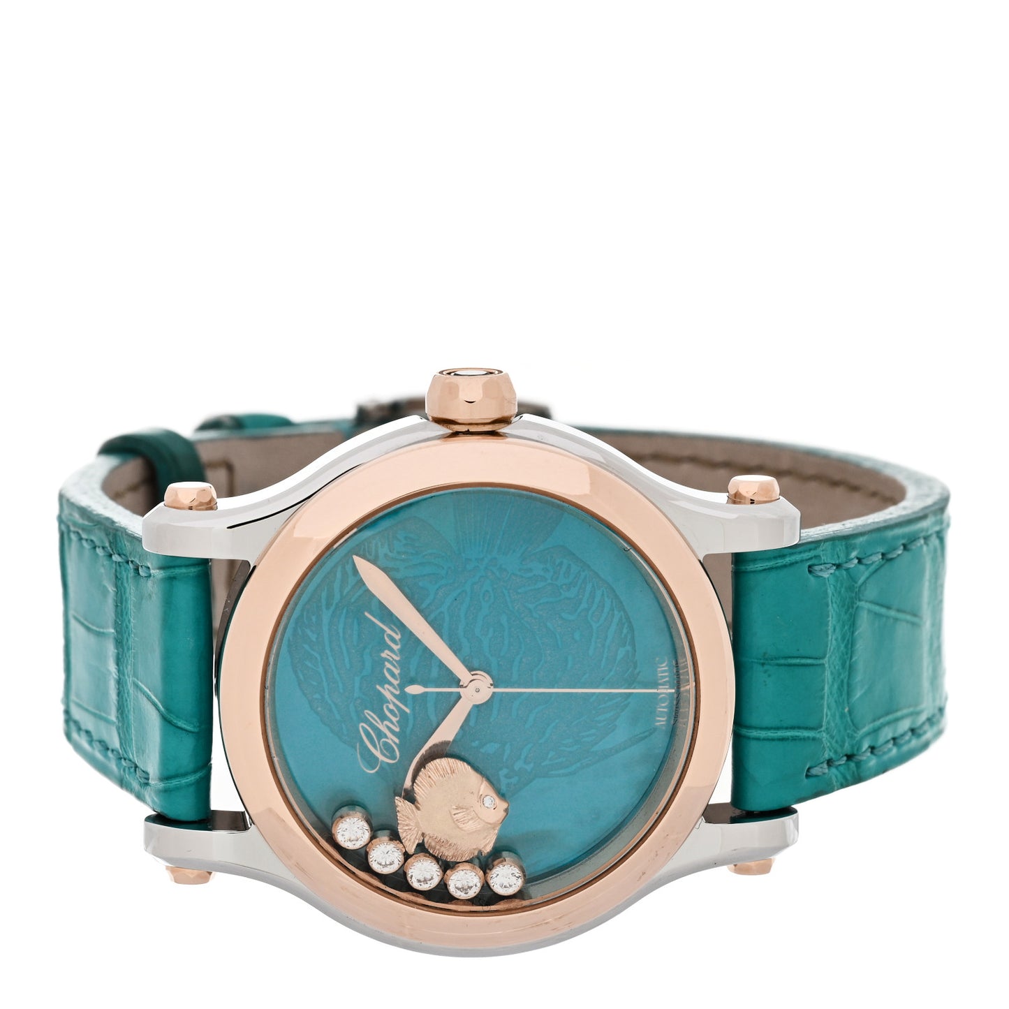 18K Rose Gold Stainless Steel Alligator Diamond Turquoise Mother of Pearl 36mm Happy Sport Fish Automatic Watch