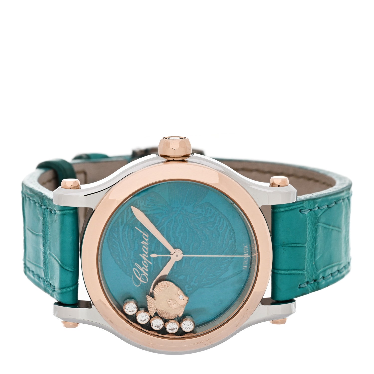 Chopard 18K Rose Gold Stainless Steel Alligator Diamond Turquoise Mother of Pearl 36mm Happy Sport Fish Automatic Watch 2 of 9