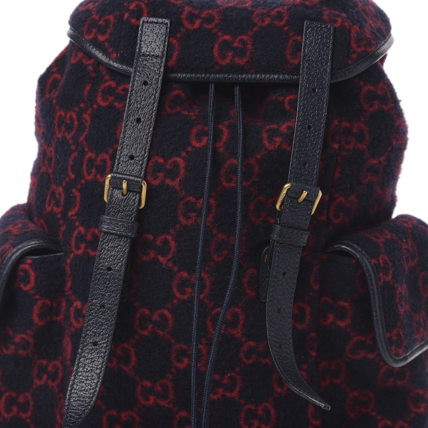 Covered Wool GG Monogram Small Double Buckle Backpack Navy Red