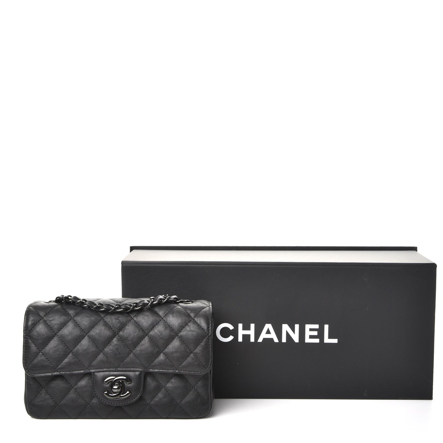 Crumpled Calfskin Quilted Mini Rectangular Flap So Black