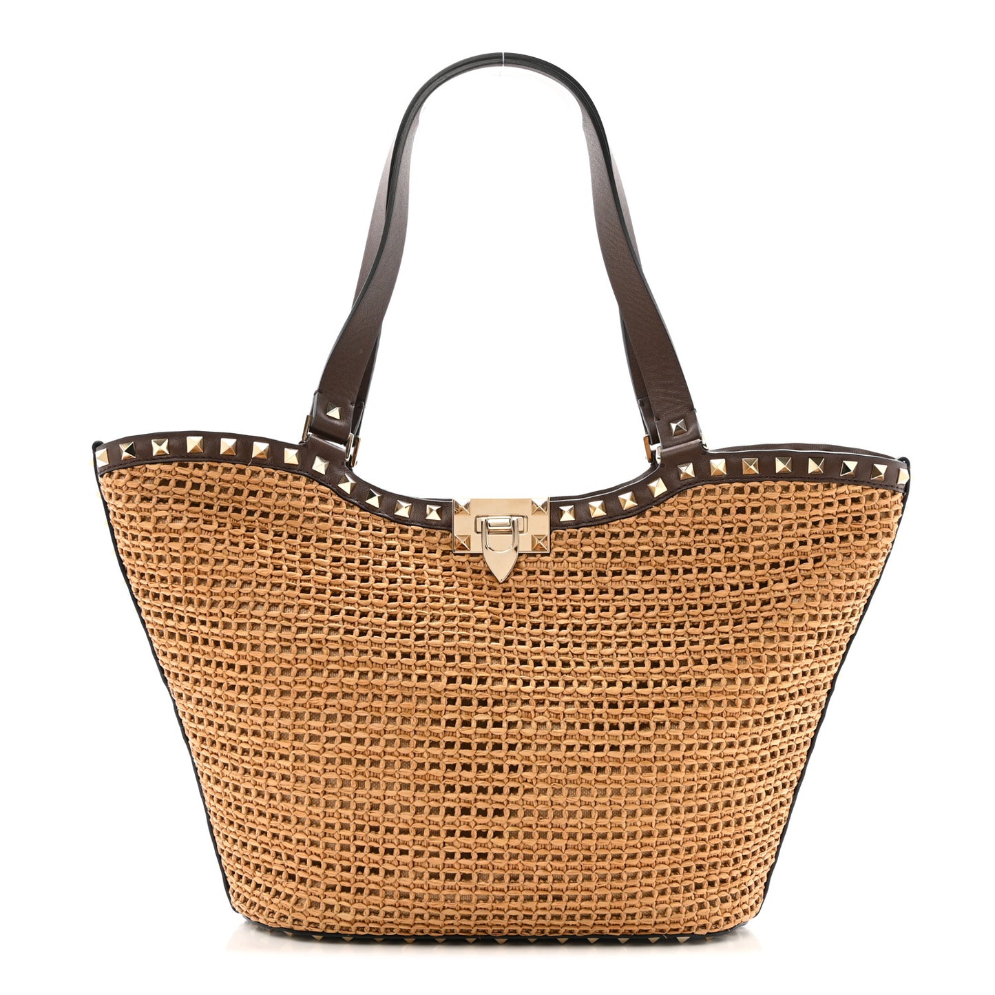 Synthetic Raffia Calfskin Rockstud Small Garden Tote Bag Tobacco Cacao