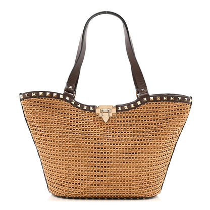 Valentino Garavani Synthetic Raffia Calfskin Rockstud Small Garden Tote Bag Tobacco Cacao 1 of 14