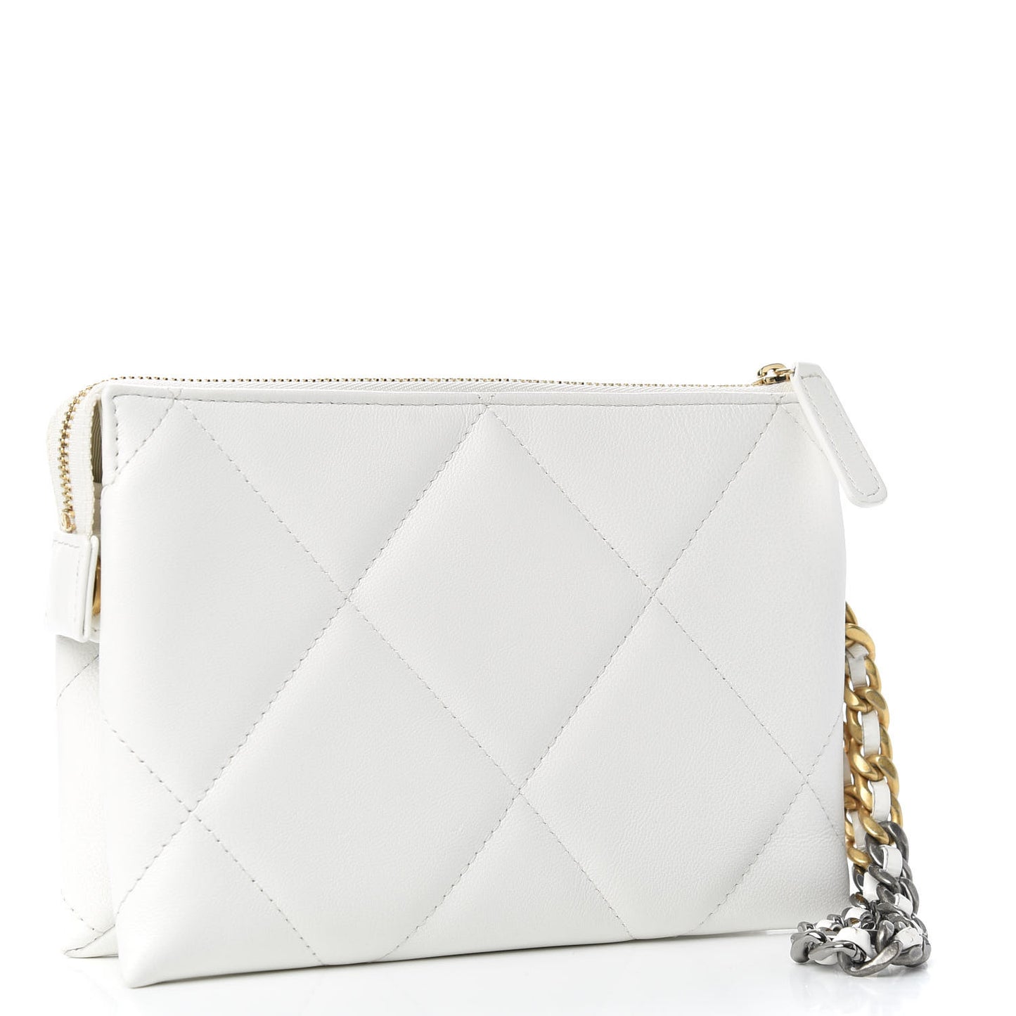 Shiny Goatskin Quilted Chanel 19 Small Pouch With Handle White