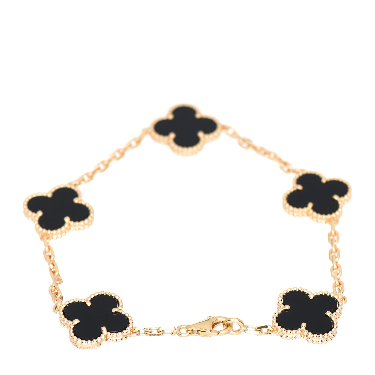 18K Yellow Gold Black Onyx 5 Motifs Vintage Alhambra Bracelet