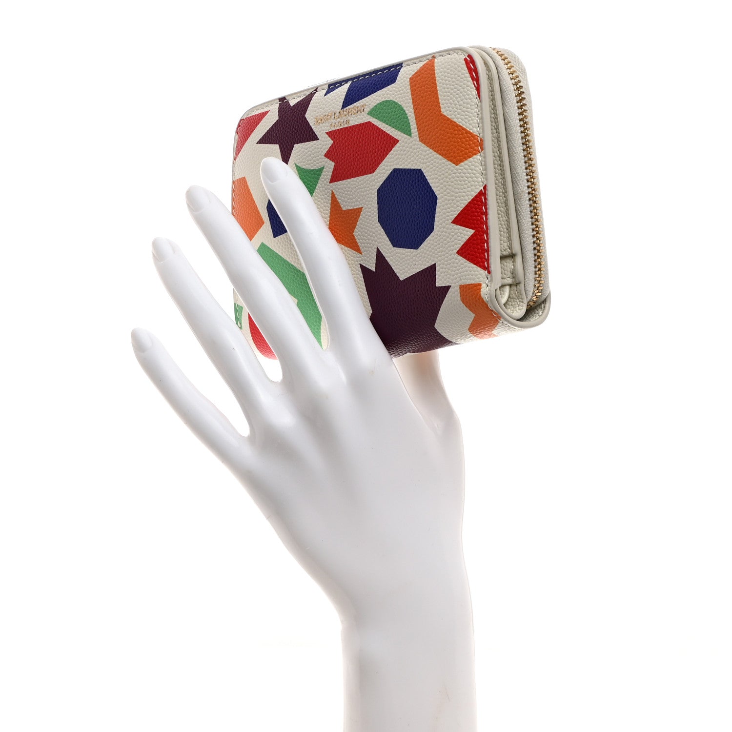 Saint Laurent Grained Calfskin Paris Compact Zip Around Wallet White Multicolor 2 of 8