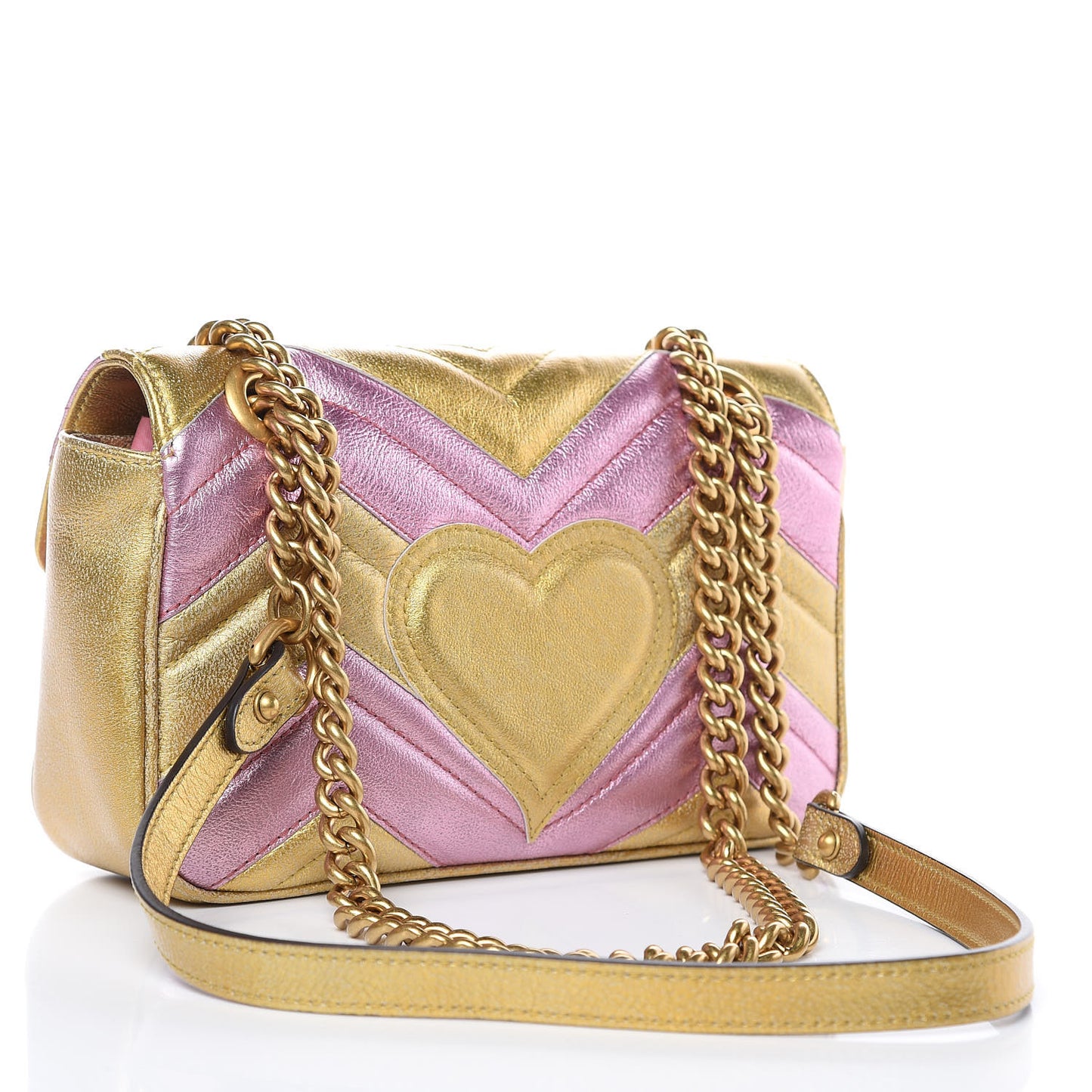 Metallic Calfskin Matelasse Mini GG Marmont Shoulder Bag Gold Pink
