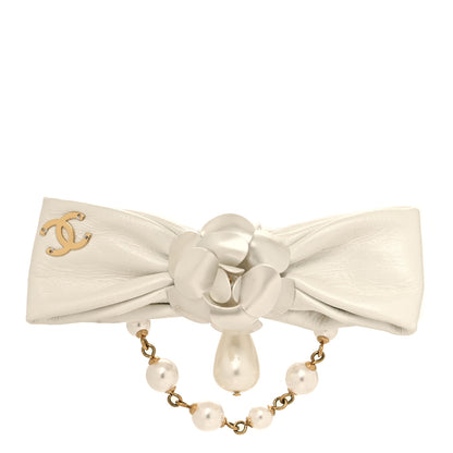 Chanel Metal Pearl Camelia CC Bow Brooch White Gold 1 of 5