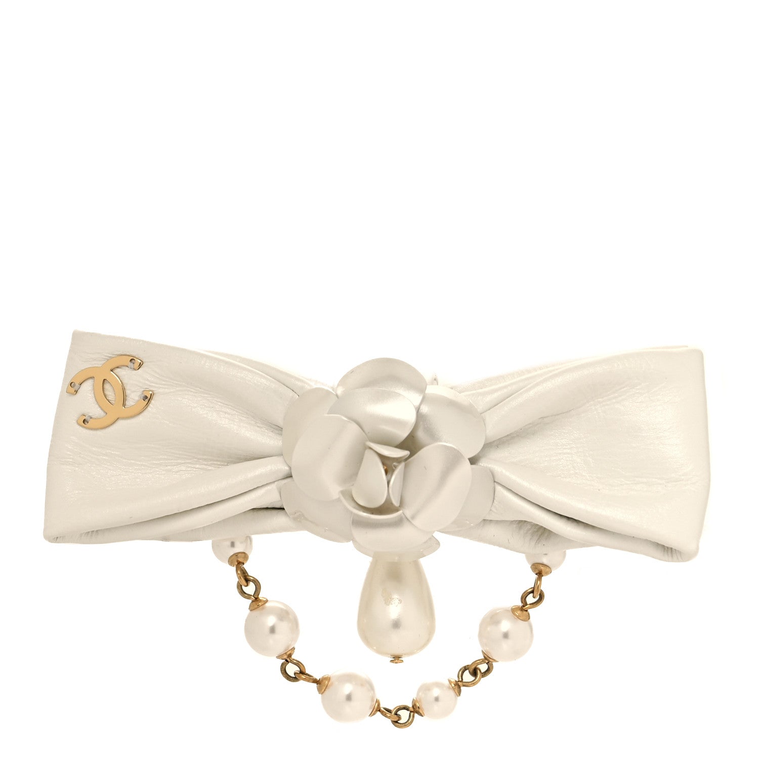 Chanel Metal Pearl Camelia CC Bow Brooch White Gold 1813489