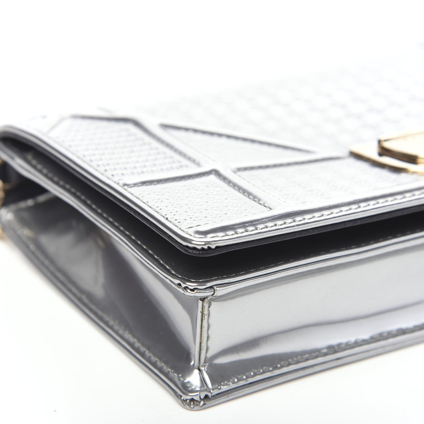 Metallic Patent Micro-Cannage Diorama Wallet on Chain Pouch Silver