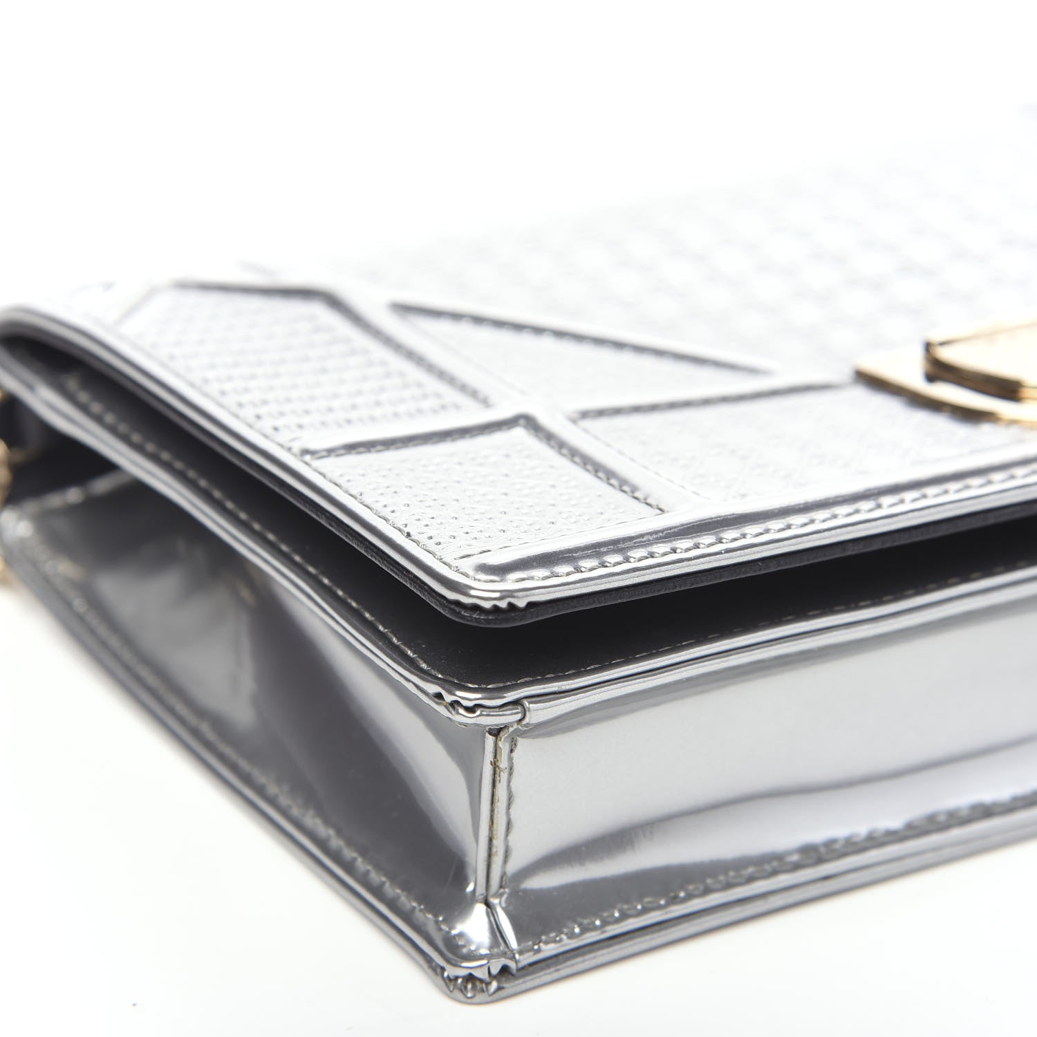 Christian Dior Metallic Patent Micro-Cannage Diorama Wallet on Chain Pouch Silver 5 of 9
