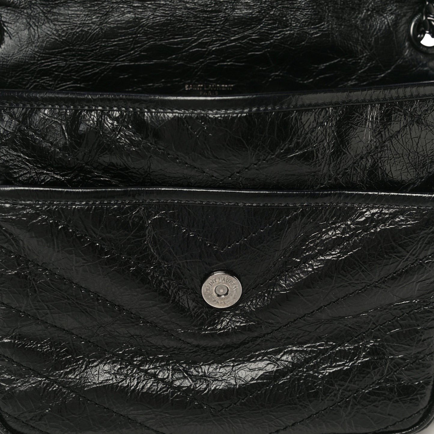 Crinkled Calfskin Matelasse Monogram Medium Niki Chain Satchel Black