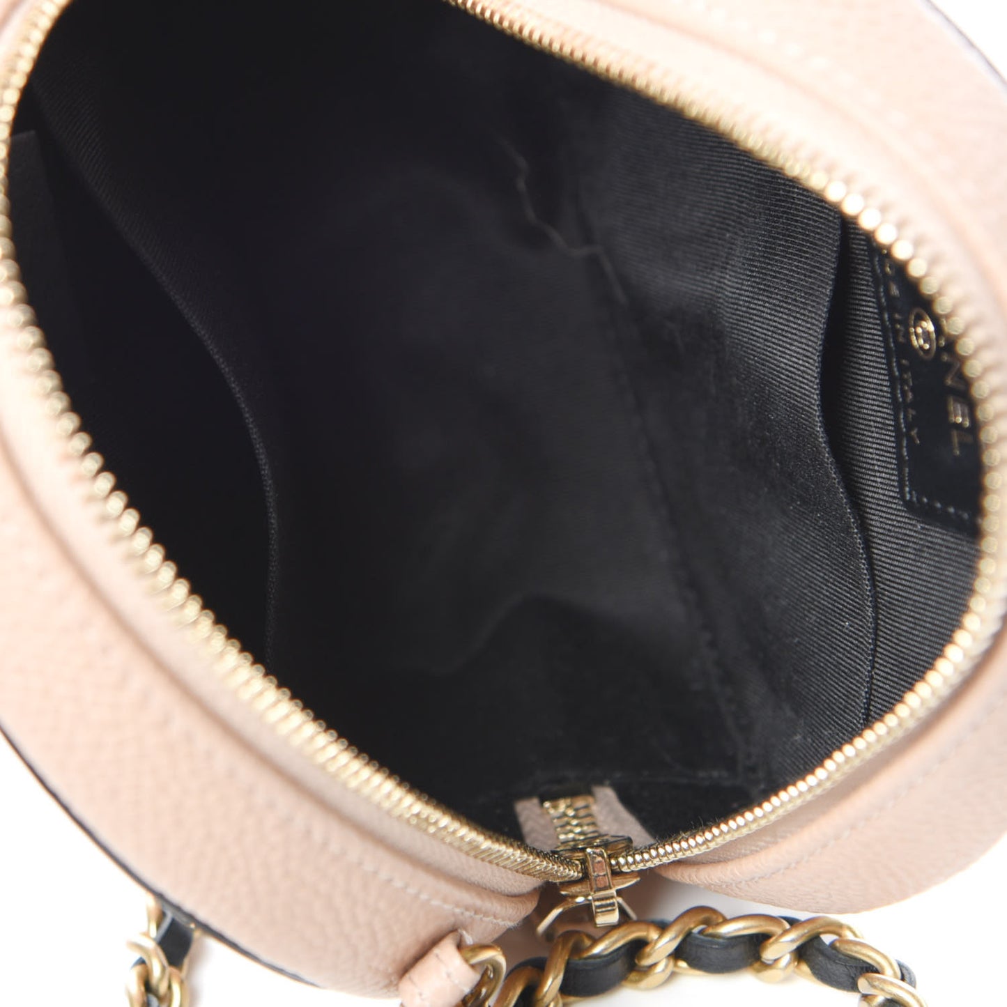 Caviar Quilted Round Filigree Crossbody Beige Black