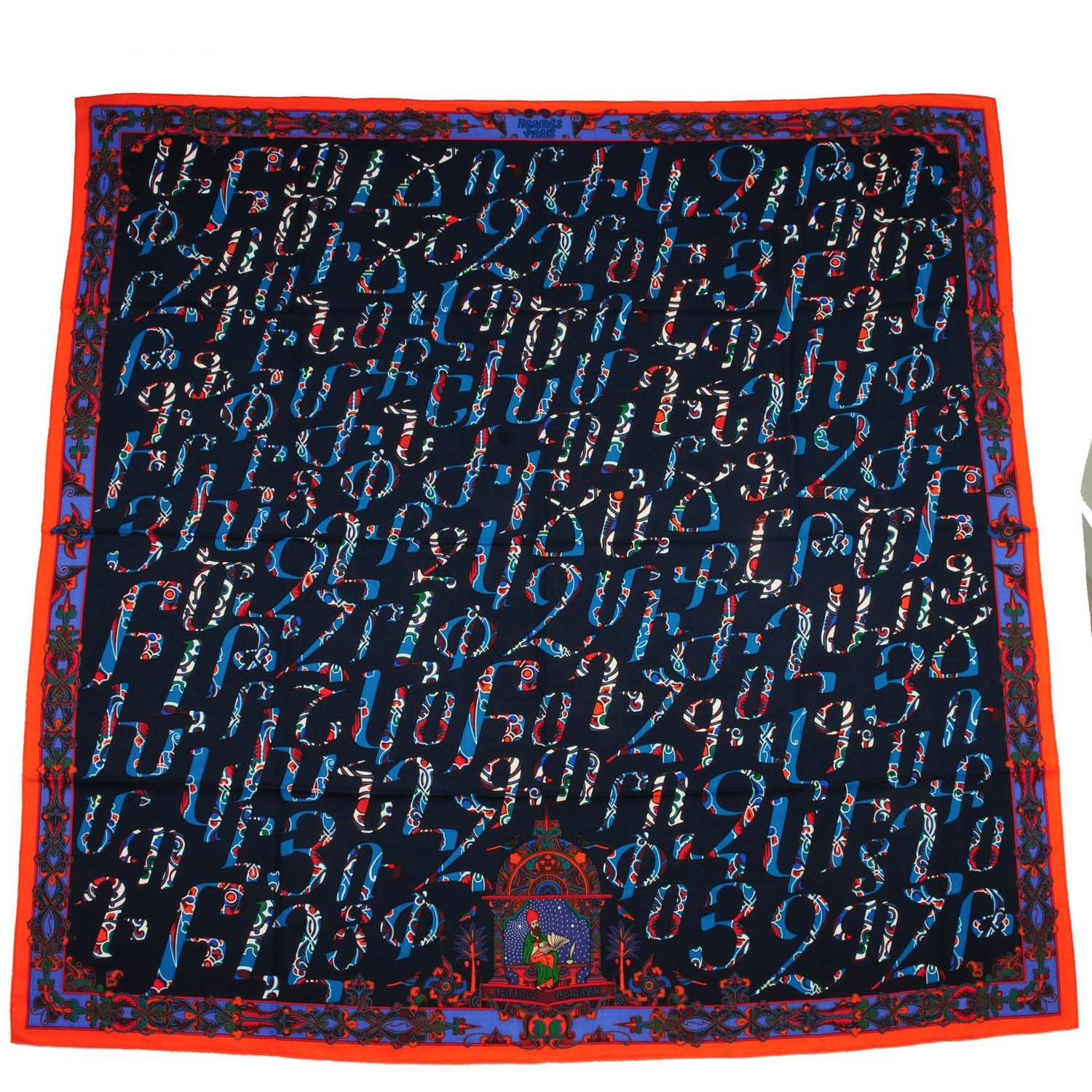 Hermes Cashmere Silk Lettres d'Erevan Shawl 140 Marine Canard Orange 2 of 6