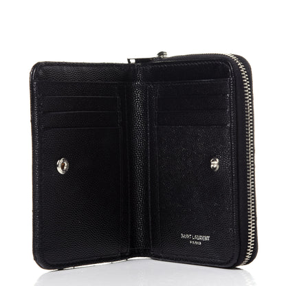 Saint Laurent Grain De Poudre Matelasse Chevron Monogram Compact Zip Around Wallet Black 5 of 10