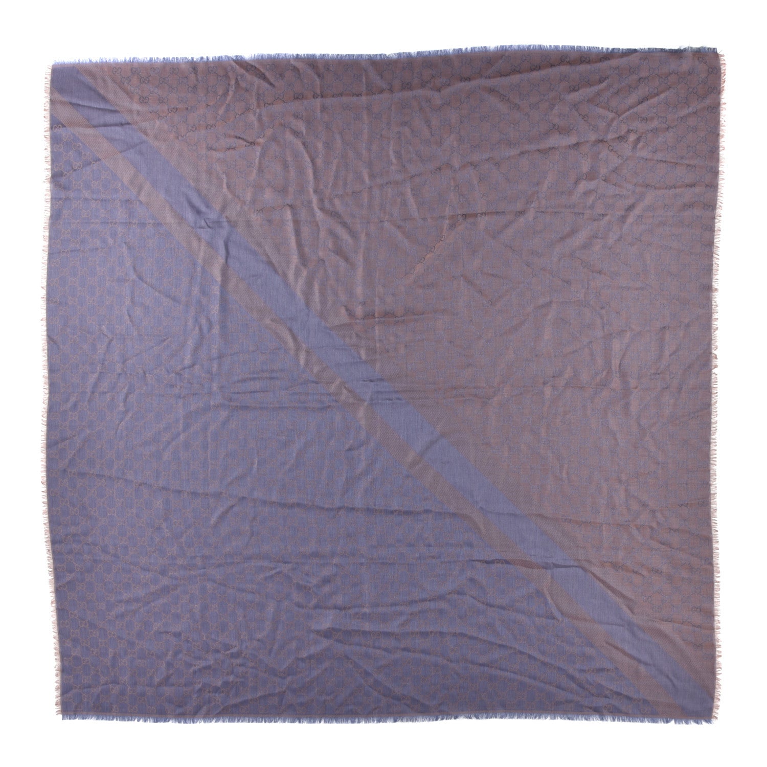 Gucci Wool Silk Monogram GGWeb Fringe Shawl Taupe Sky Blue 1 of 5
