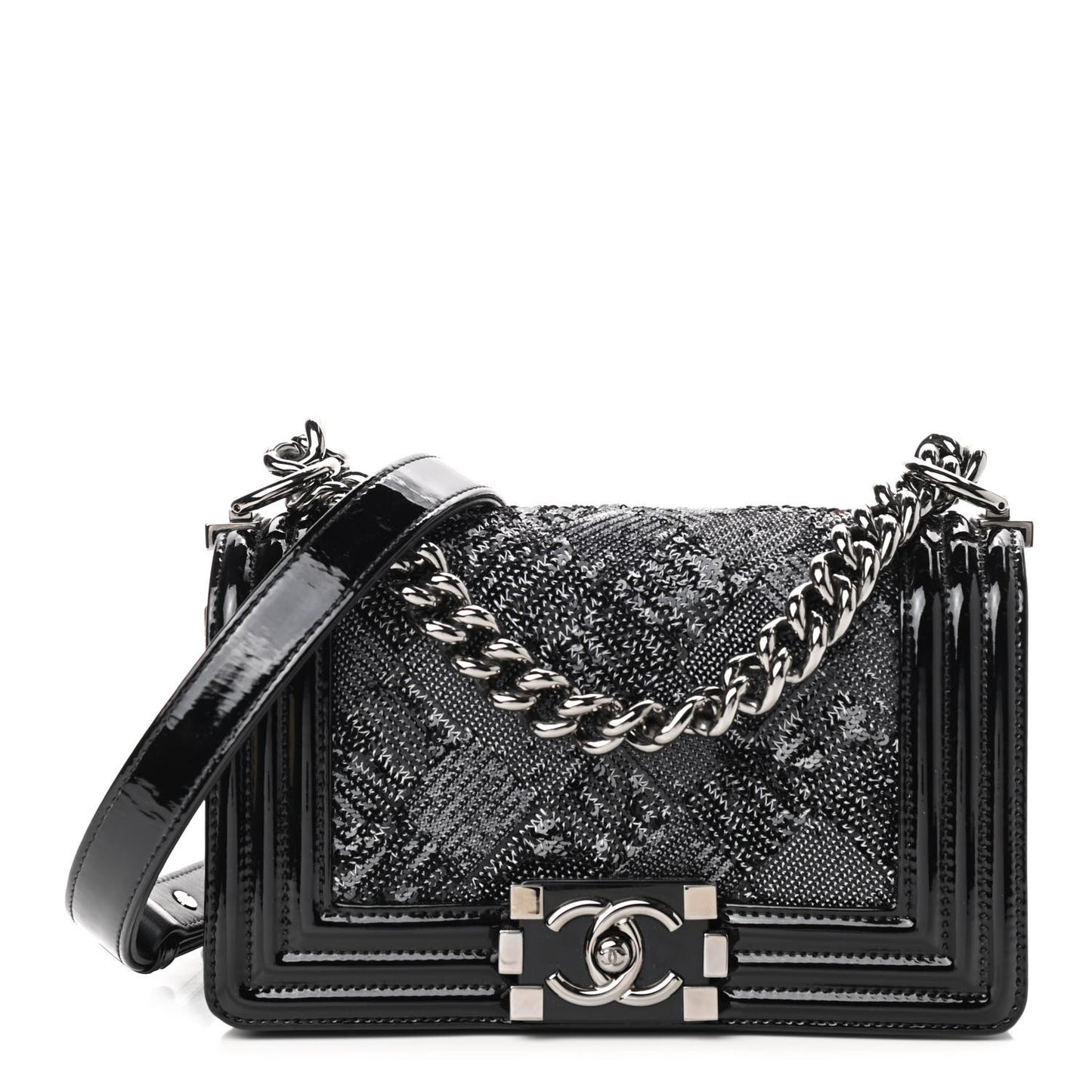 Patent Iridescent Calfskin Sequin Small Boy Flap Bag Black