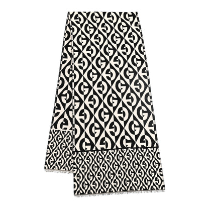Gucci Wool Cotton Jacquard G Rhombus Scarf Black Ivory 1 of 8