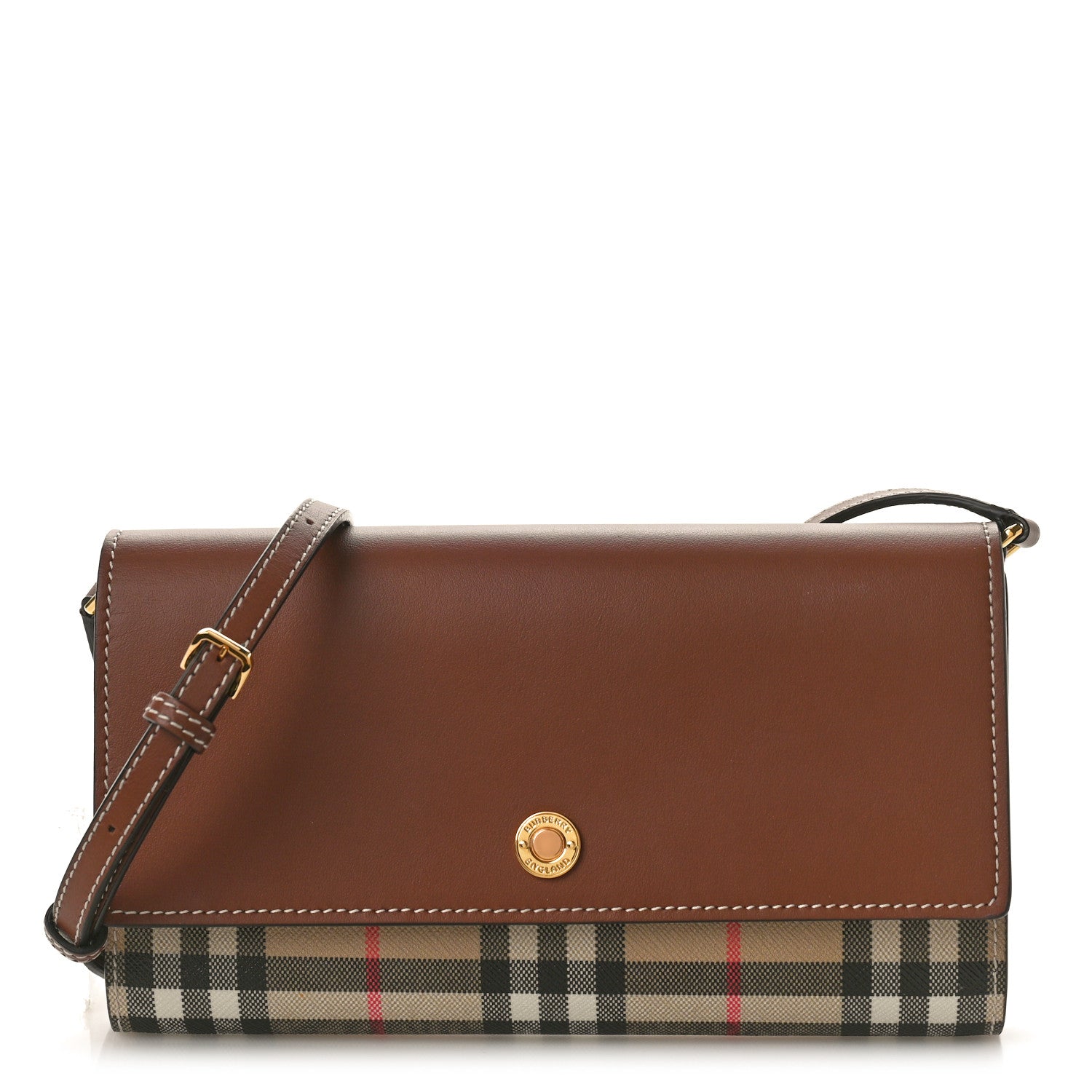 Burberry Calfskin Vintage Check Hannah Wallet with Detachable Strap Archive Beige Tan 1 of 10