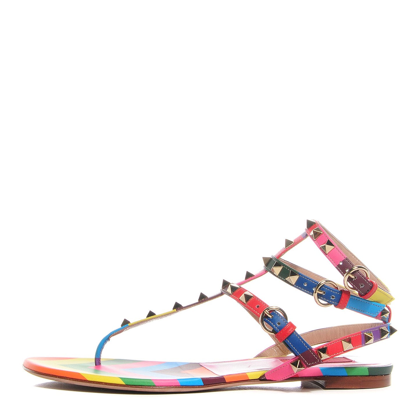 Calfskin 1973 Rockstud Ankle Wrap Flat Thong Sandals 39.5 Multicolor