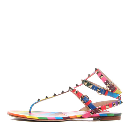 Valentino Garavani Calfskin 1973 Rockstud Ankle Wrap Flat Thong Sandals 39.5 Multicolor 1 of 6