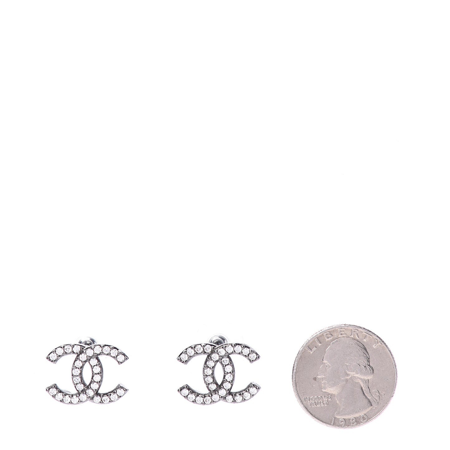 Metal Crystal CC Lock Symbols Stud Earrings Ruthenium