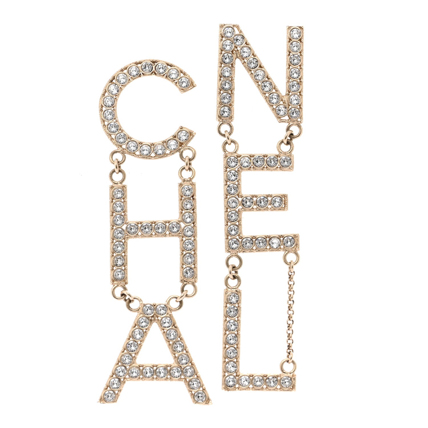 Chanel Crystal Cha-Nel Logo Drop Earrings Gold 1 of 5