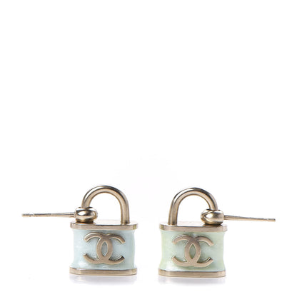 Chanel Resin Glitter Padlock CC Drop Earrings Blue Gold 1 of 3