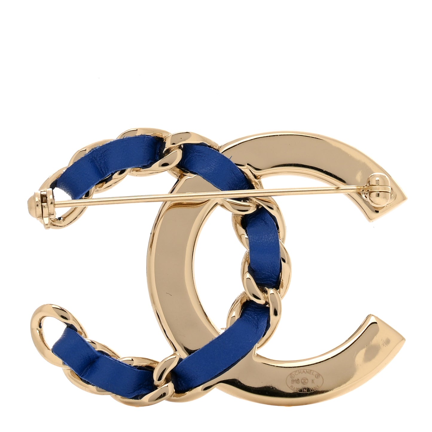 Lambskin Baguette Crystal CC Chain Brooch Blue Gold