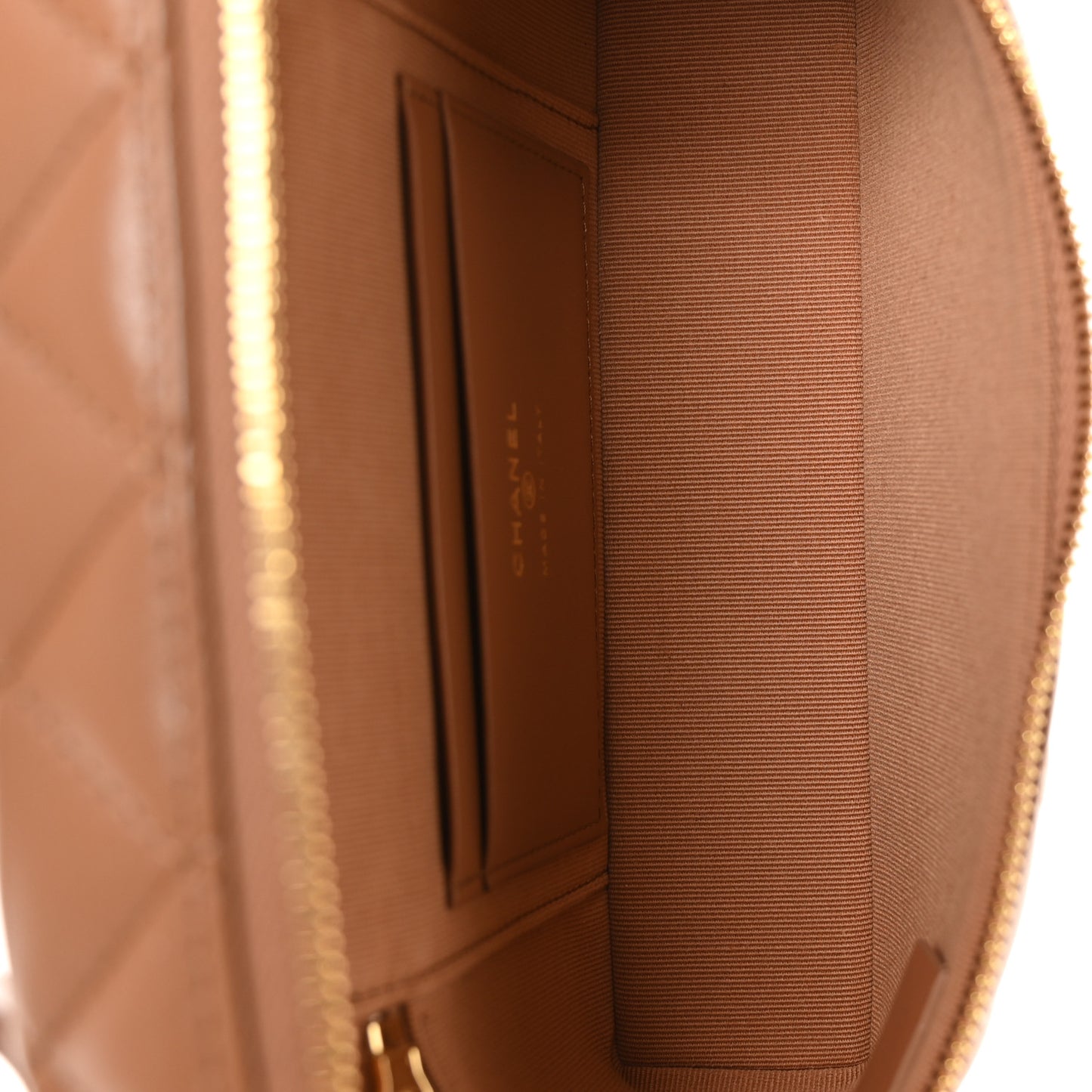 Lambskin Quilted Crystal Ridged CC Top Handle Slim Vanity Case With Chain Brown