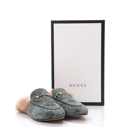 Gucci Velvet GG Monogram Fur Womens Princetown Slippers 37.5 Avio Dusty Pink 8 of 8