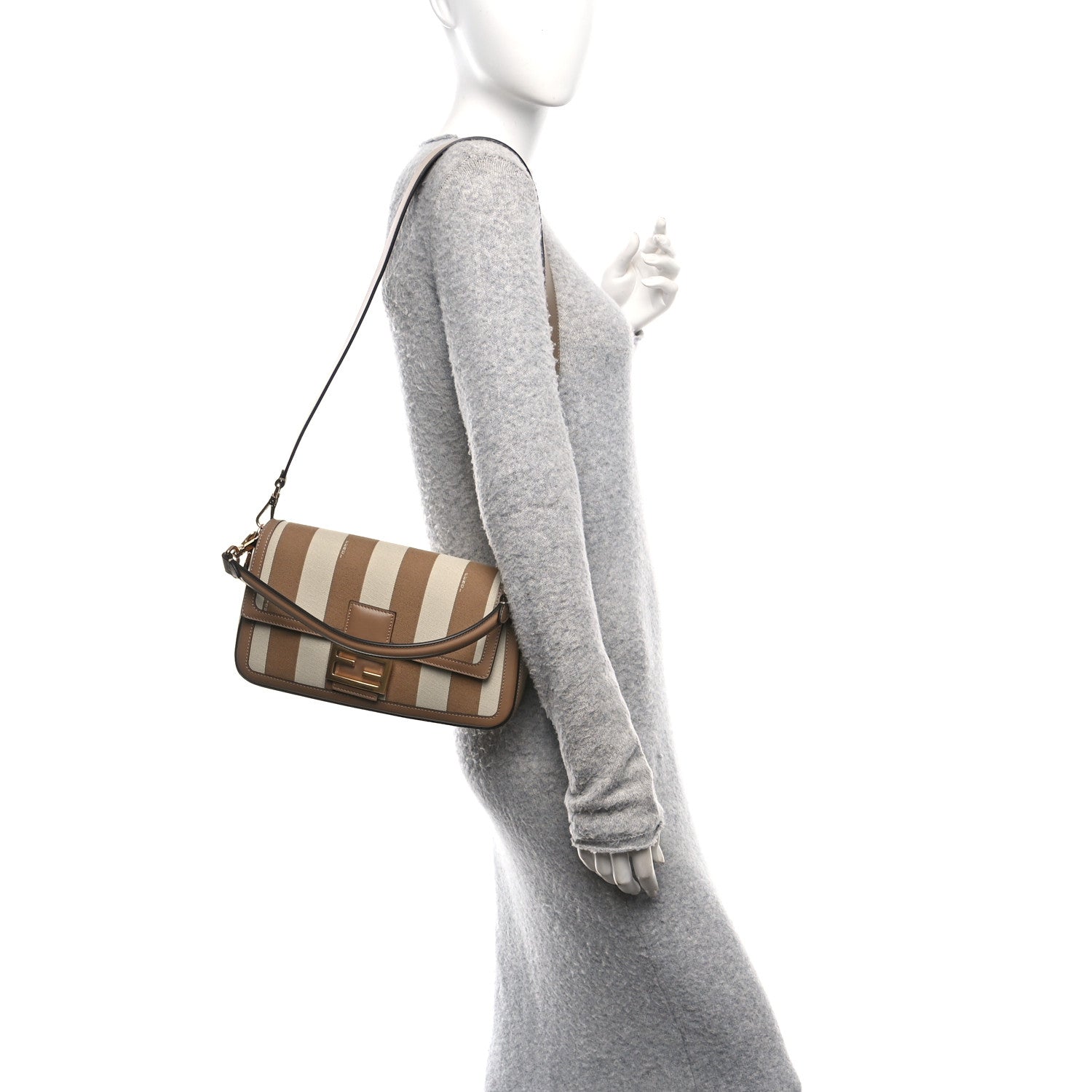 Fendi Canvas Pequin Striped Baguette Beige Sand 2 of 10