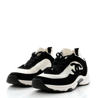 Chanel Fabric Suede Calfskin CC Sneakers 38 White Black 3 of 9