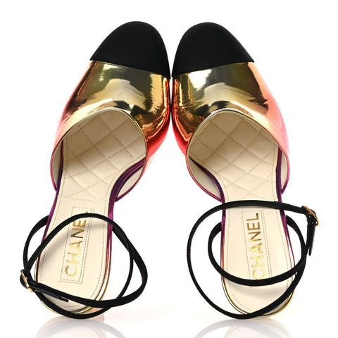 Laminated Calfskin Grosgrain Cap Toe CC Wedge Pumps 39 Pink Orange Yellow Black