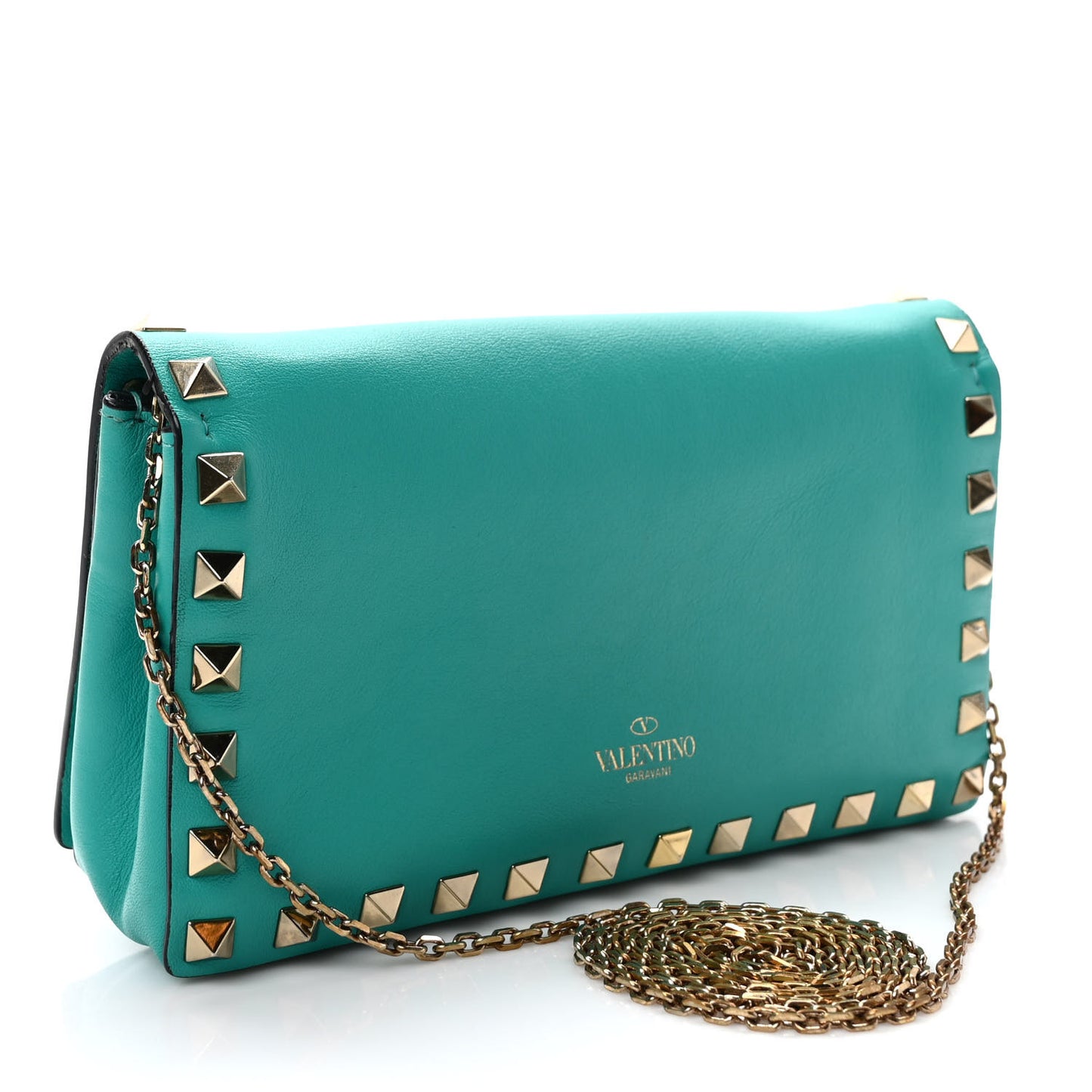 Calfskin Rockstud Flap Wallet On Chain Opaline Green