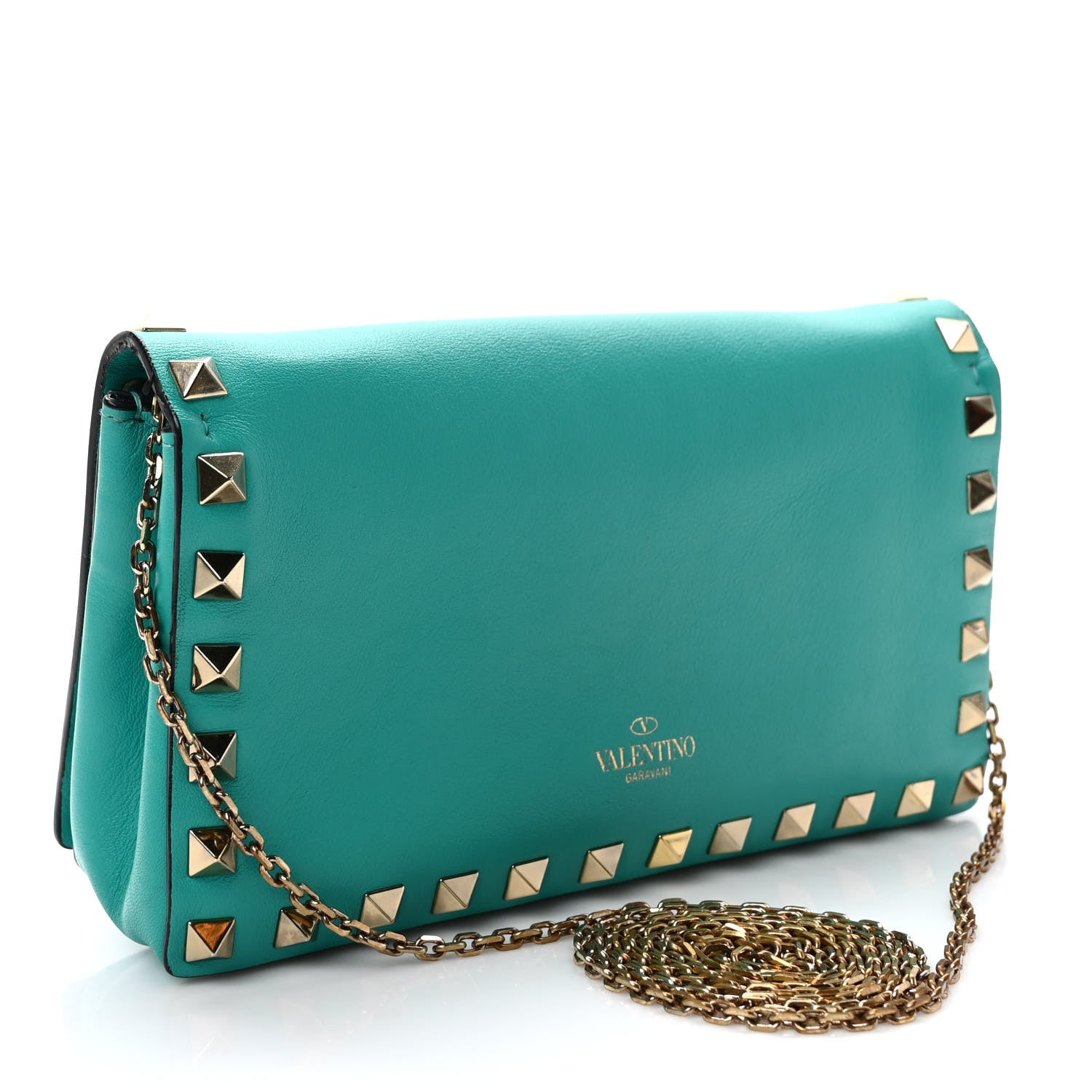 Valentino Garavani Calfskin Rockstud Flap Wallet On Chain Opaline Green 3 of 10