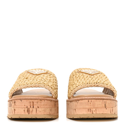 Prada Raffia Metal Triangle Logo Woven Flatform 35mm Slide Sandals 36 Naturale 2 of 9