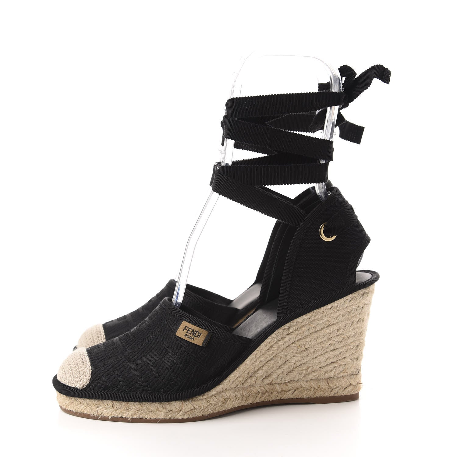 Fendi Canvas FF Embroidered Roma Ankle Wrap Espadrille Wedges 39 Black 3 of 9
