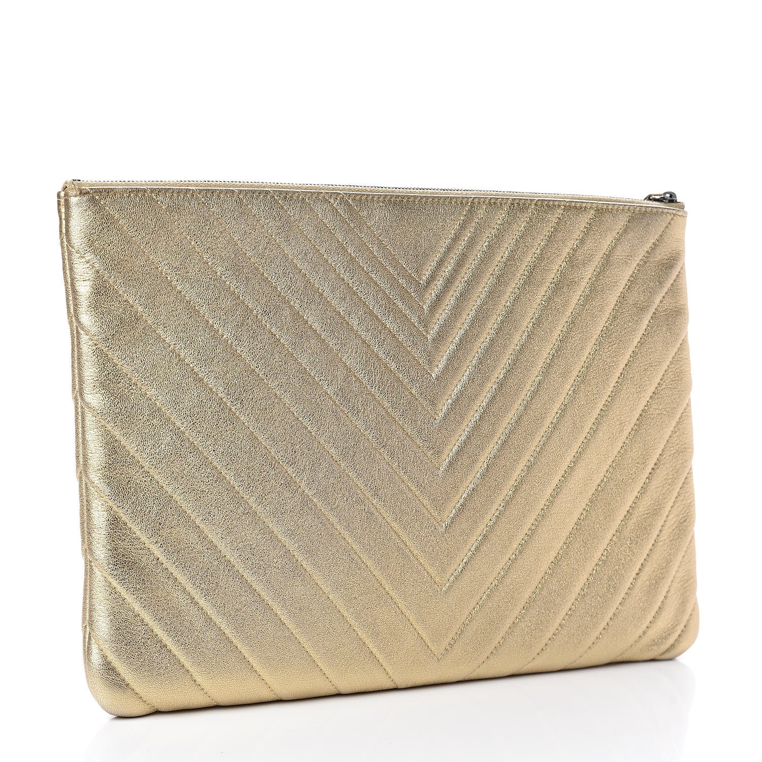 Chanel Metallic Calfskin Chevron Quilted Large Cosmetic Case Light Gold 3 of 12