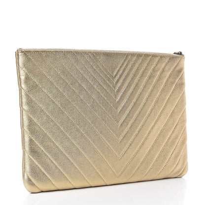 Chanel Metallic Calfskin Chevron Quilted Large Cosmetic Case Light Gold 3 of 12