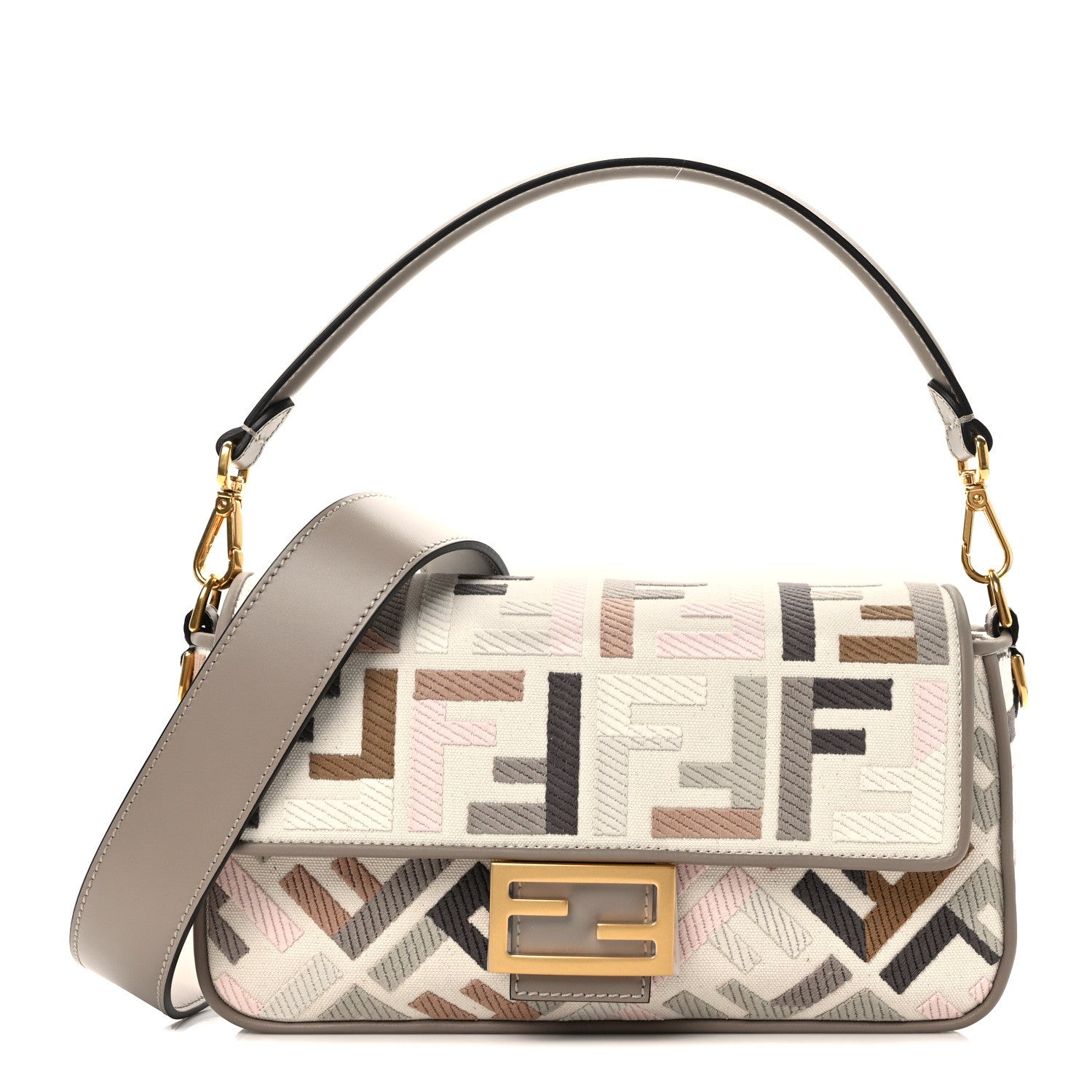 Fendi Canvas Vitello Seta FF Multicolor Embroidered Baguette Grezzo Multicolor Tortora 1 of 10