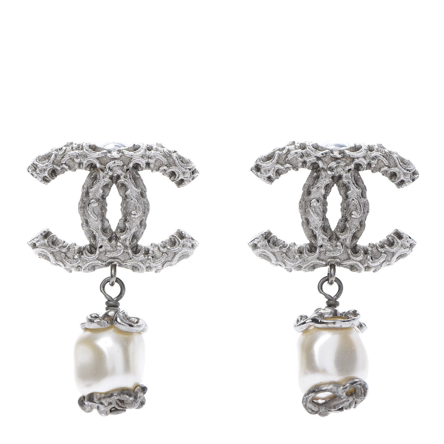 Chanel Pearl Textured CC Drop Earrings Silver 1 of 5