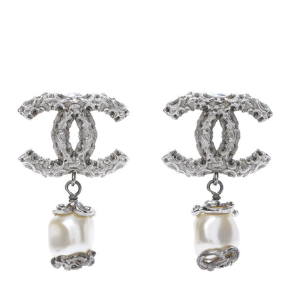 Chanel Pearl Textured CC Drop Earrings Silver 1 of 5