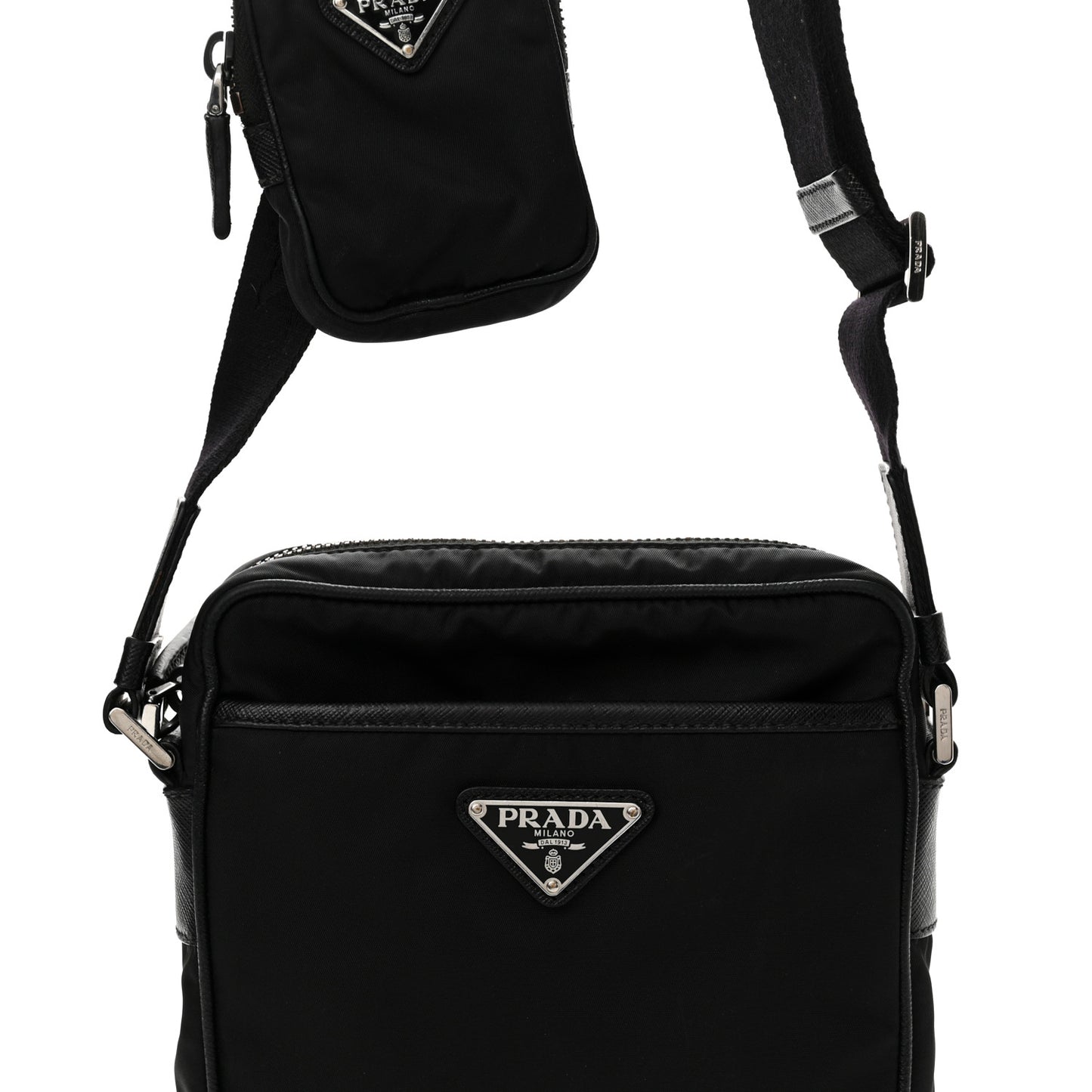 Tessuto Nylon Saffiano Pocket Messenger Shoulder Bag Black