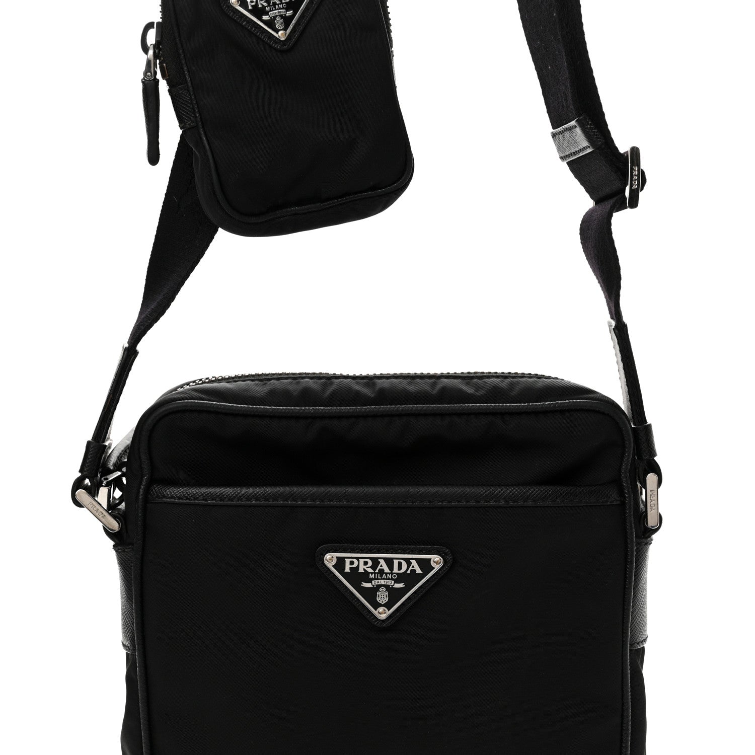 Prada Tessuto Nylon Saffiano Pocket Messenger Shoulder Bag Black 8 of 13