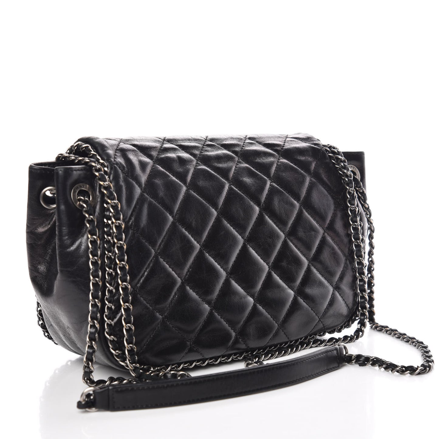 Calfskin Quilted Small CC Enchained Accordion Flap Black