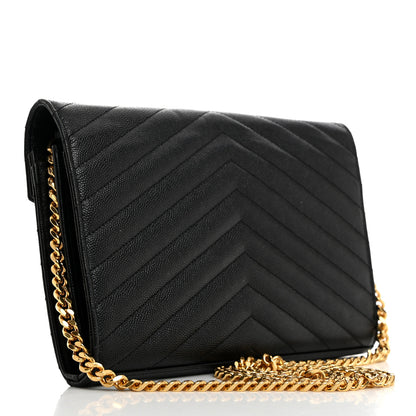 Saint Laurent Grain De Poudre Matelasse Chevron Monogram Chain Wallet Black 2 of 9