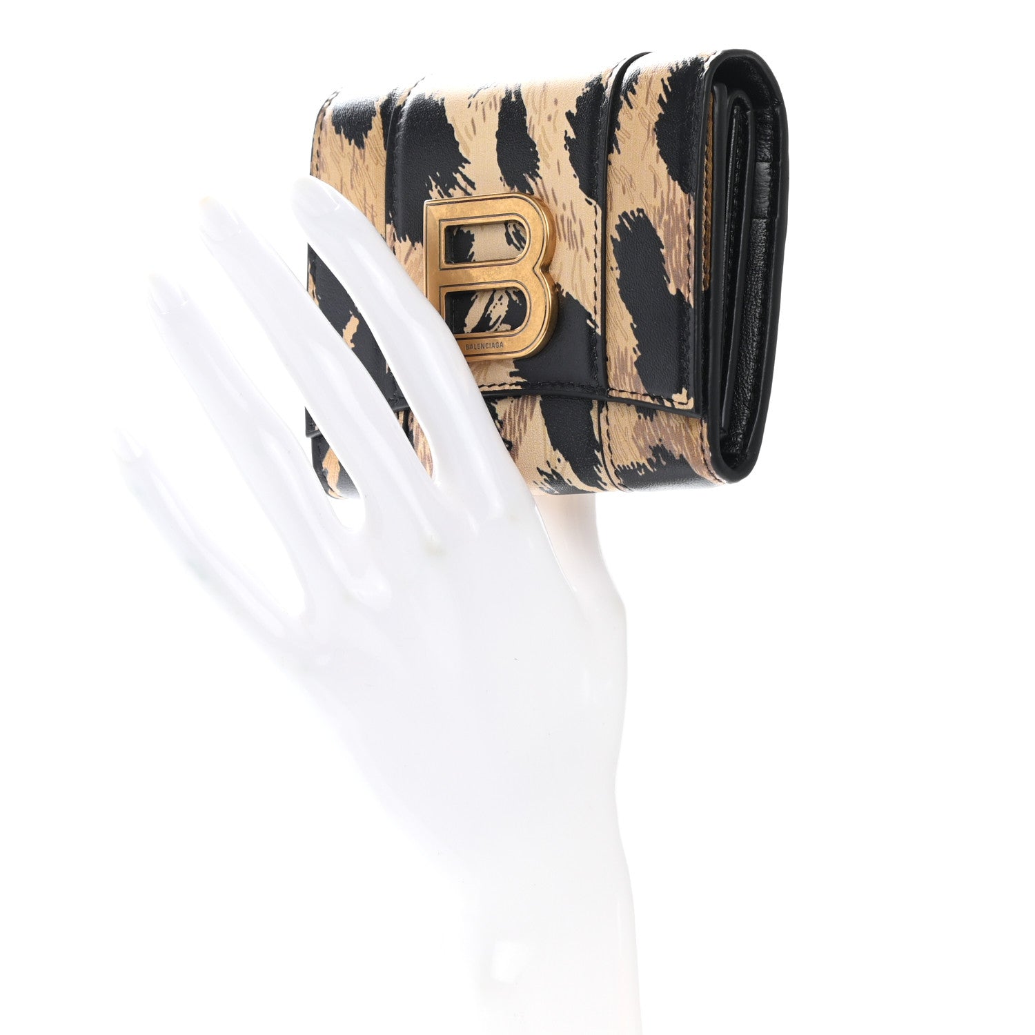 Balenciaga Smooth Calfskin Leopard Print Hourglass Compact Wallet Beige 2 of 8